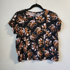 Madewell Floral Print Top‎ Short Sleeve Blouse Casual Black Brown XXS